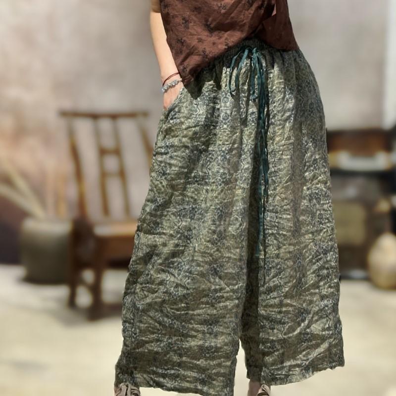 Johnature Women Vintage Striped Pants Print Floral Elastic Waist Loose Trousers Autumn Belt Casual Long Pants