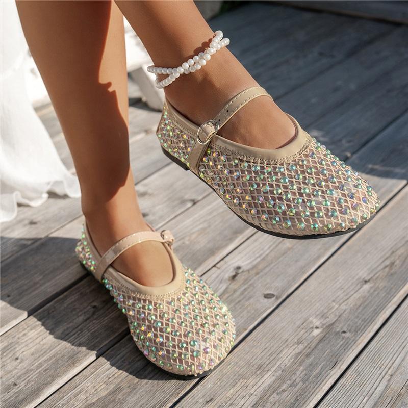 Women's Fashion Flat Shoes, Summer New Mesh Rhinestone Mary Jane Shoes, One Buckle Casual Flats