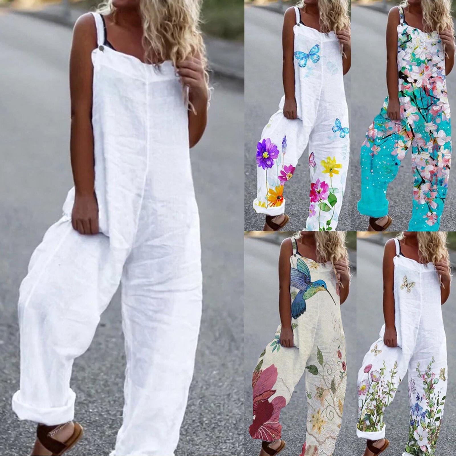 

Женская мода Лето Сладкий Свободный Повседневный Принт Ретро Ремни Комбинезон