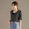 RAIN.CUN Women's Relaxed V-Neck Striped Faux Two-Piece T-Shirt