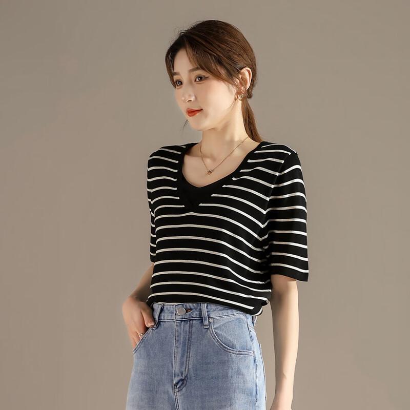 RAIN.CUN Women's Relaxed V-Neck Striped Faux Two-Piece T-Shirt