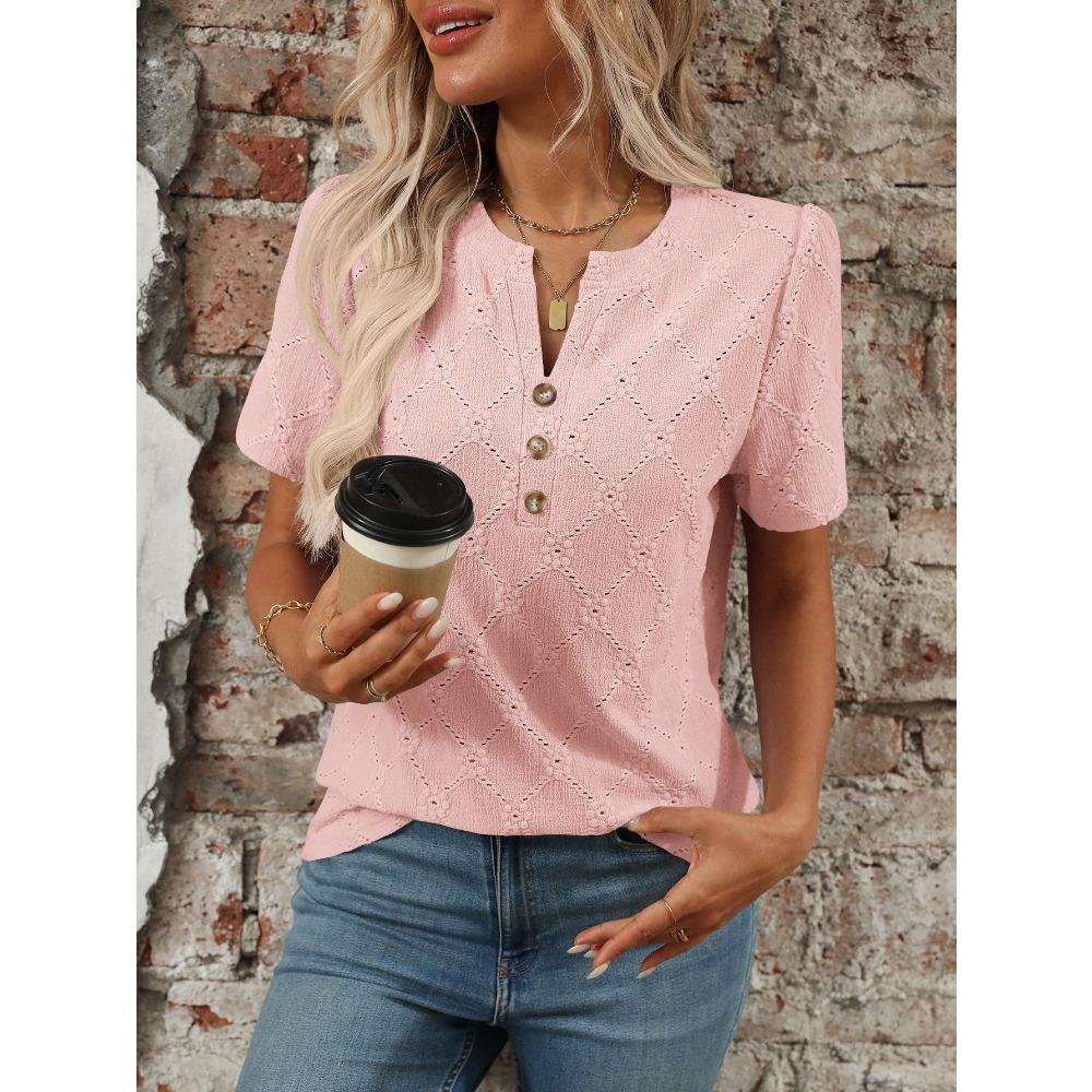 Ny sommer topp med rund hals og korte ermer med blomsterjacquard og knapper for kvinner