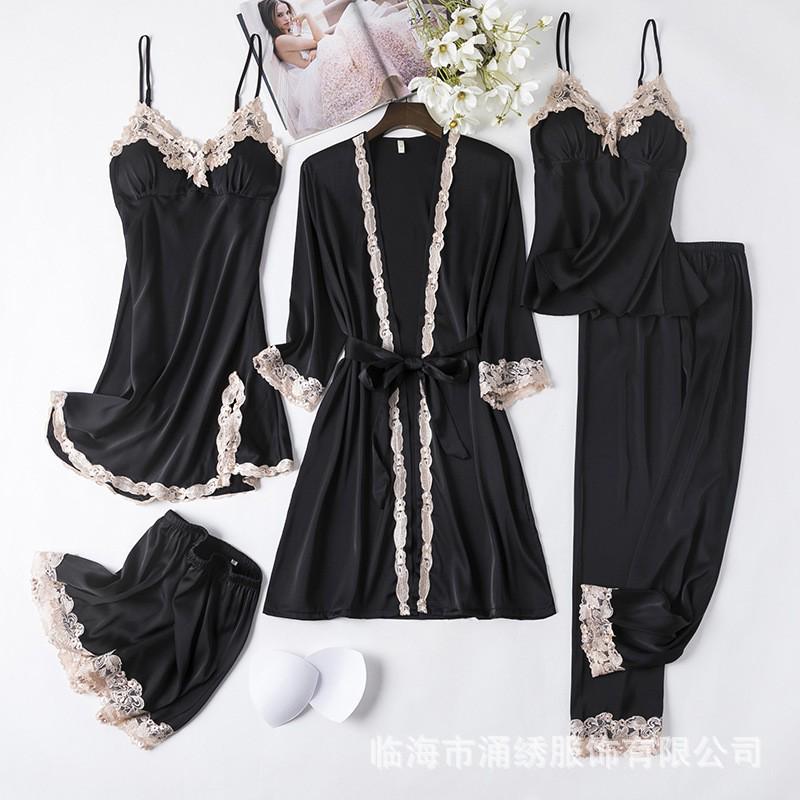 Women’s Ice Silk Pajama Set - 5-Piece: Robe, Camisole, Silk Bottoms, Chest Pads - Lightweight, Sexy, All-Season Home Wear