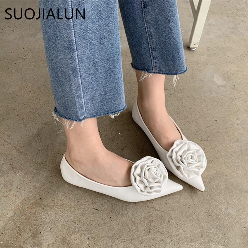 Fashion SUOJIALUN 2025 Autumn Women Flat Shoes Fashion Big Flower Ladies Ballerinas Shoes Pointed Toe Shallow Slip On Dress Flat Ballet