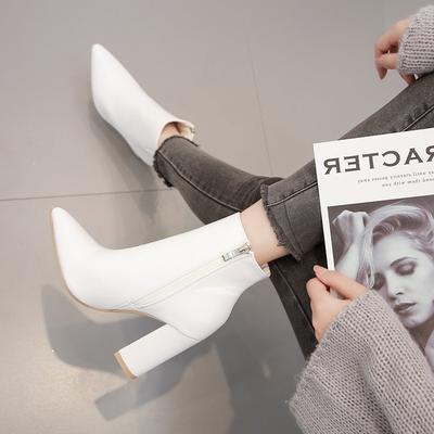 Kurzstiefel Winter neue Damenstiefel dicker Absatz vielseitig spitz weiß hohe Absätze Martin-Stiefel