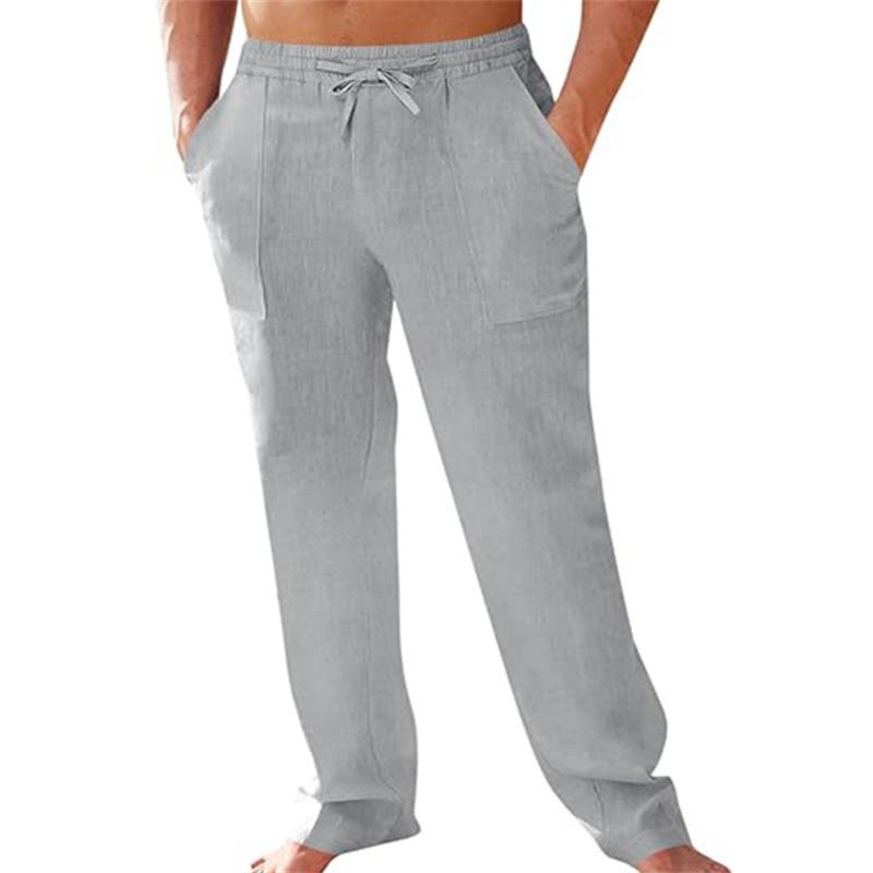 Men's Linen Casual Trousers with Elasticated Waistband Solid Colour, Relaxed Straight Leg with Drawstring Breathable and Stylish Long Trousers