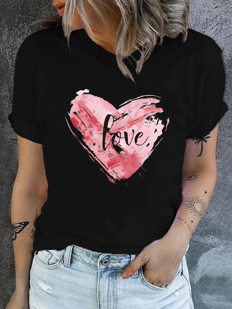 Heart Print Crew Neck Tshirt Casual Short Sleeve Top for Short Sleeve Harajuku Streetwear Tops Tees  Aesthetic Clothes