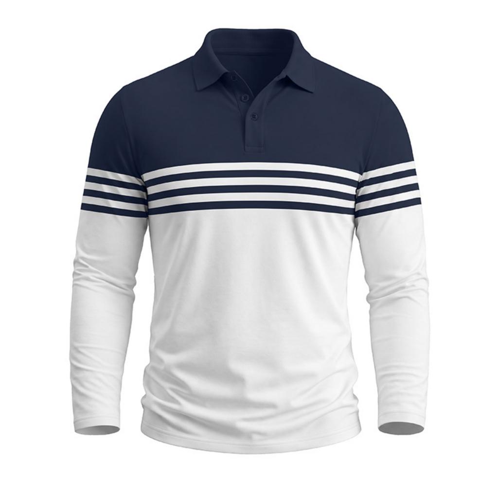 Men's Long Sleeve Striped Color Block T-Shirt with Collar for Casual Layering