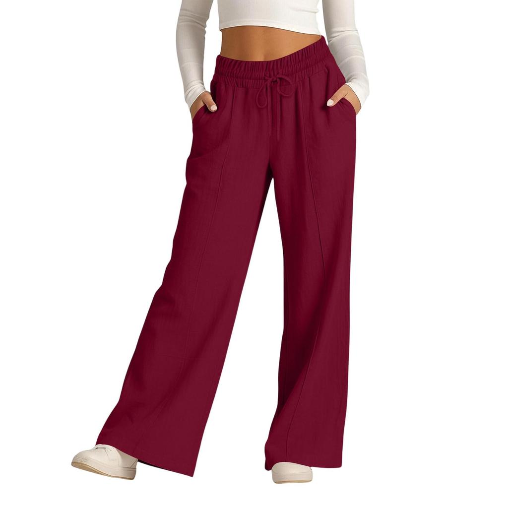 Women's Casual -Color High-Waisted Wide-Leg Drawstring Pants With Pockets