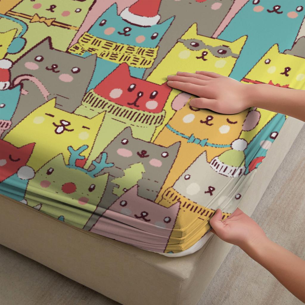 3pcs Fitted Sheet Set Colorful Cats Wearing Hats And Scarves Wrinkle Resistant Bed Sheet With Pillowcases For Bedroom Decor