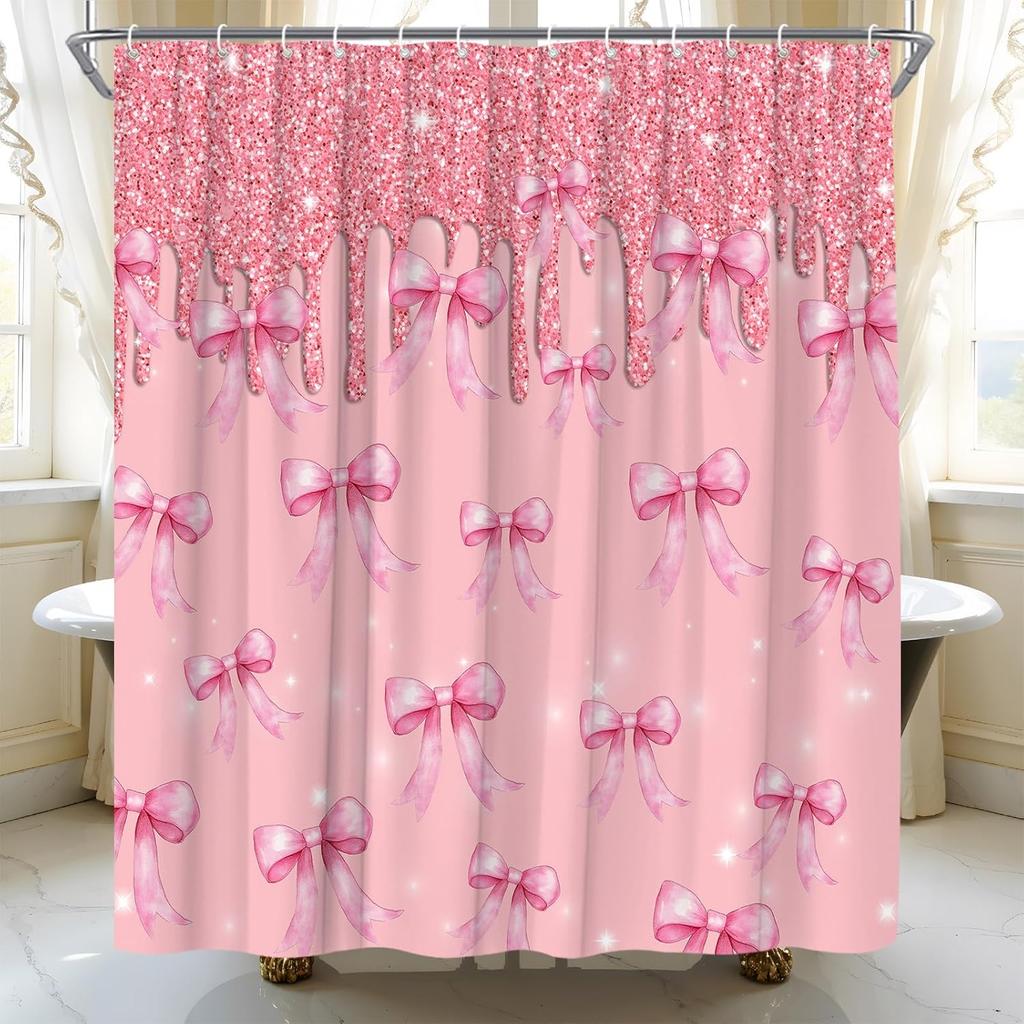 Black Bow Shower Curtain Fashion Girly Grey Shimmer Sequins Bowknot Dreamy Party Fabric Bathroom Curtain Set with Hooks