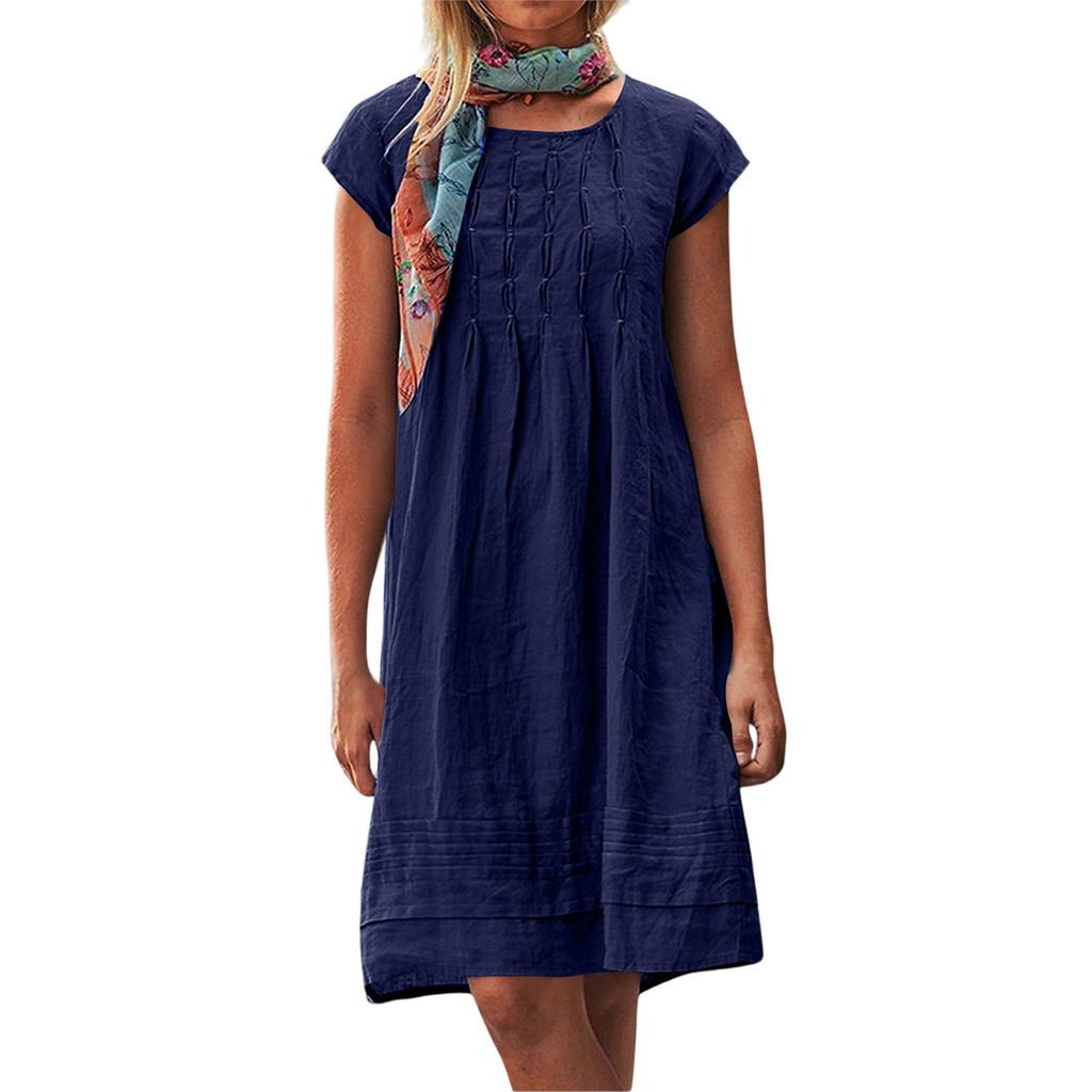 Women's Casual Loose O Neck Short Sleeve Wrinkles Elegant Linen Swing Dresses