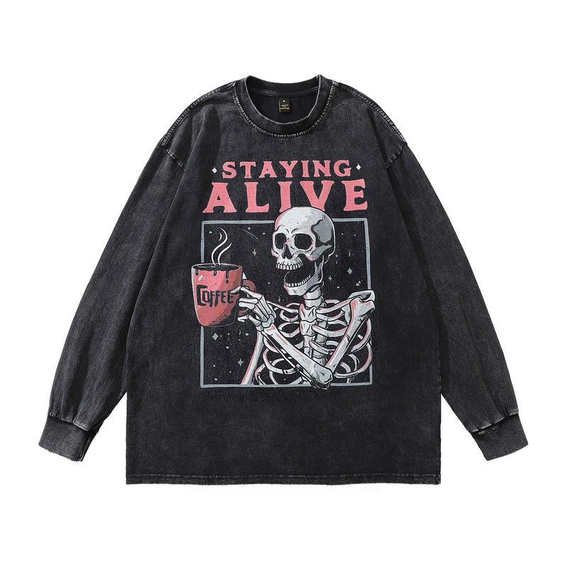 Men'S Top Ins American High Street Retro Skull Print 250G Pure Cotton Crew Neck Sweater For Men And Women