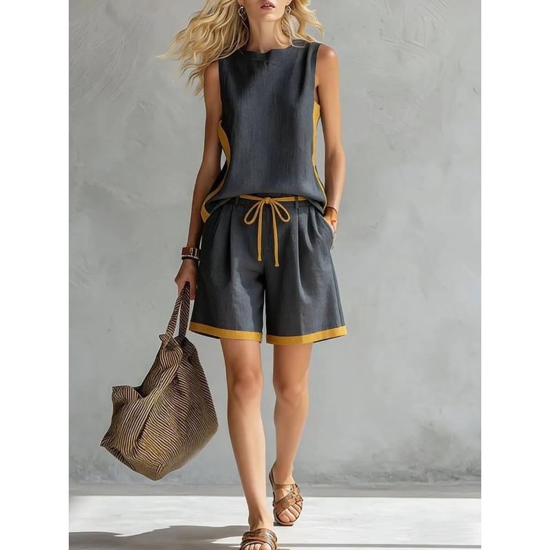 

Womens Color Block Sleeveless Top And Drawstring Shorts Two Piece Set S