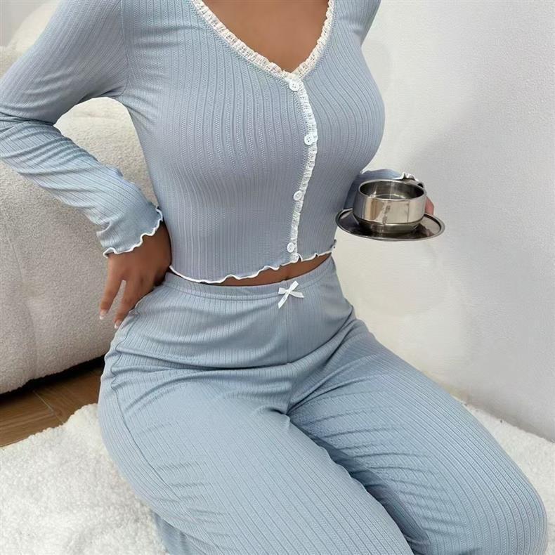European & American Lace Long Sleeve Pajama Set - Slim Fit