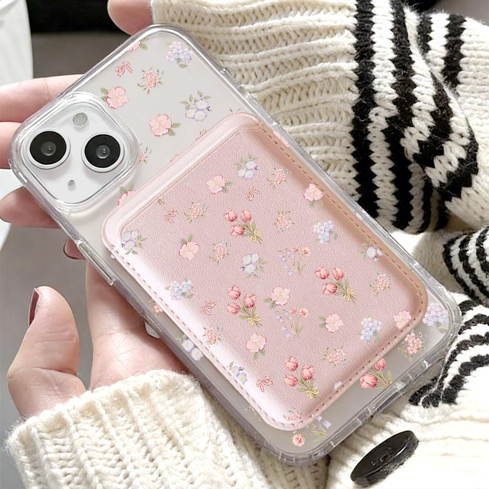 Full screen Pink Floral fragments For Magsafe wallet Magnetic Card holder Phone Case For iPhone 16 13 15 14 17 Pro Max 16E Cover