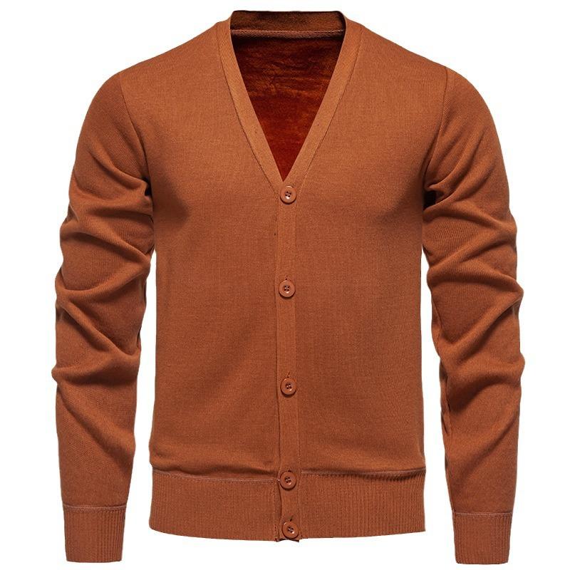 Men Slim Fit Fleece Knit Long Sleeve Cardigan Solid Color Casual