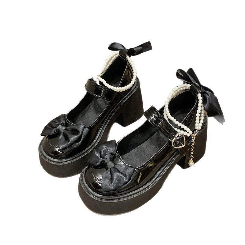French Mary Jane small leather shoes women's 2025 new summer heightening bow with skirt thick heel high heel single shoes