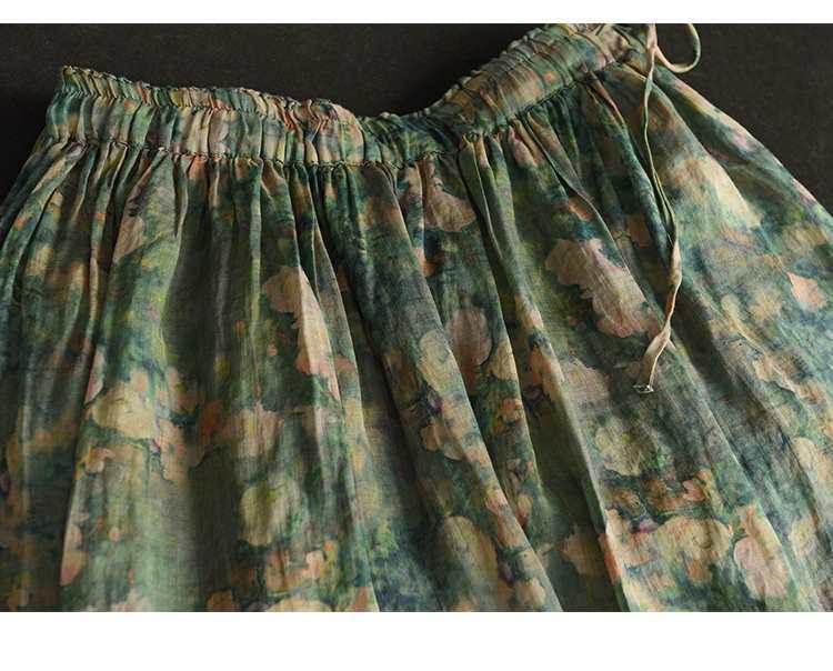Summer 2023 Women's Vintage Floral Midi Skirt - Heavy Duty Cotton Linen, Flowy Design