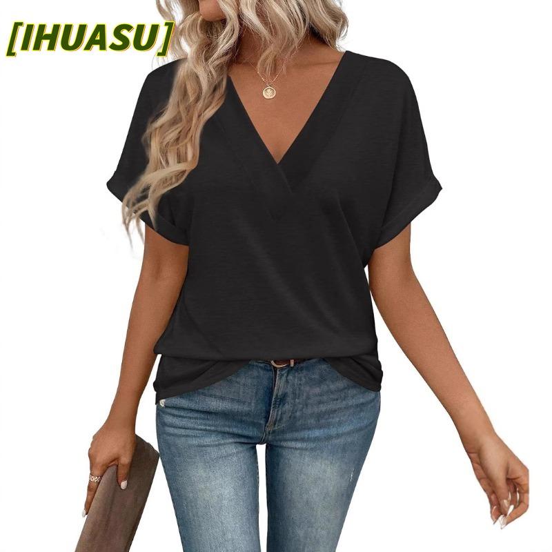 IHUASU Moda Donna Casual Tinta Unita Stampa Manica Corta Scollo a V Camicie & Bluse Design Internazionale