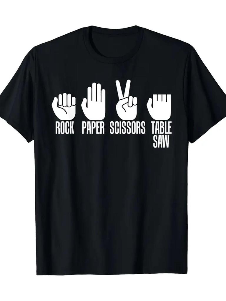 Men's Plus Size Graphic T-Shirt - Black Round Neck Tee Featuring Hand Gesture Icons ROCK, PAPER, SC