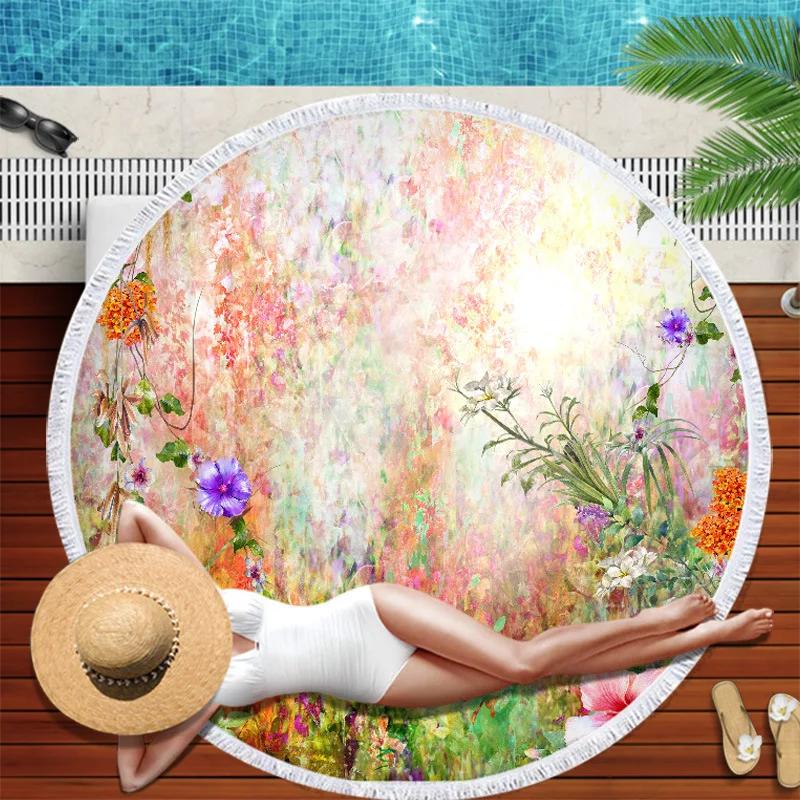 Large Round Colorful Flower Printed Beach Towel Diameter 3D Print Microfiber Blanket With Tassel Fringe Yoga Mat For Adult