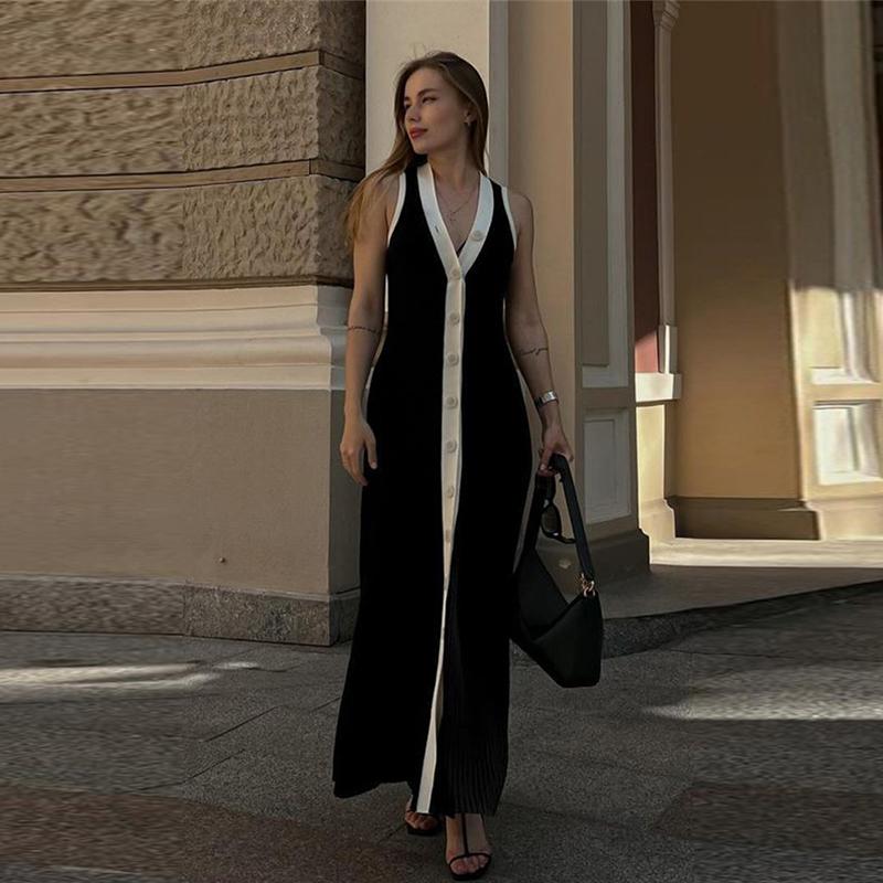 Contrast Knit Long Dress Women Sleeveless V-neck Slim Hip Package Female Dresses Casual Single Breasted Elegant Lady Robe