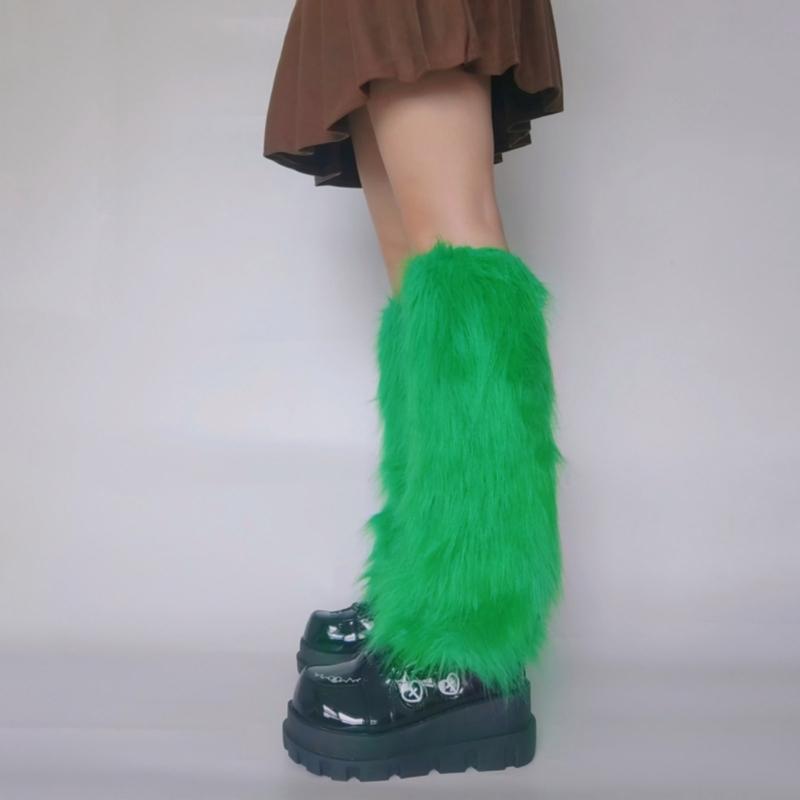 Women Girls Japanese Style Solid Green Plush Leg Warmer Aesthetic Punk Fuzzy Thickened Boot Cuffs Leg Cover Long Sock