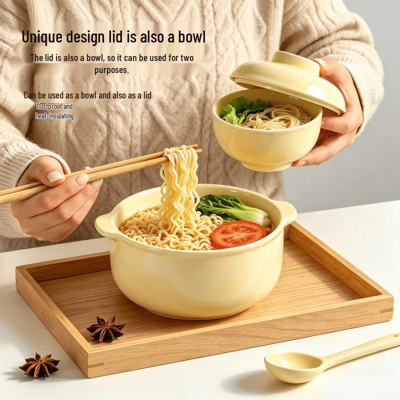 Cuenco de Cerámica Estilo Crema para Fideos Instantáneos y Sopa con Tapa y Asa