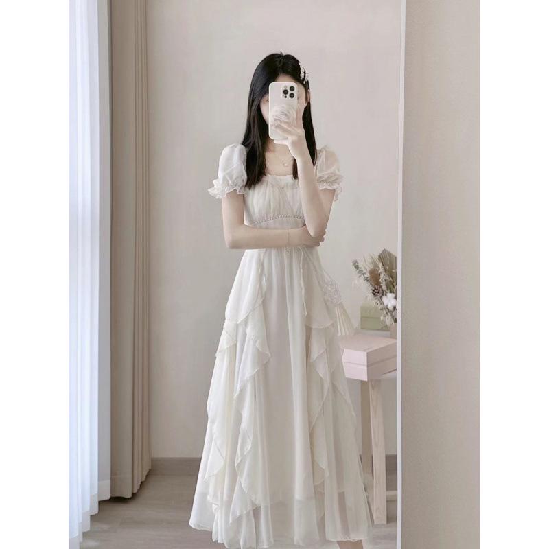 Women's Summer French Square Neck Fairy Dress - Waist Slimming, Medium-Length