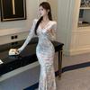 French temperament printed velvet cross waist slim dress