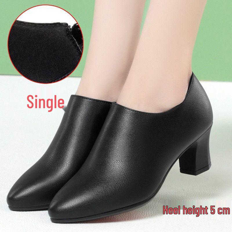 Women's Black Genuine Leather Fleece-Lined Work Shoes - Soft Sole, Wear-Resistant, Low Heel for Autumn/Winter