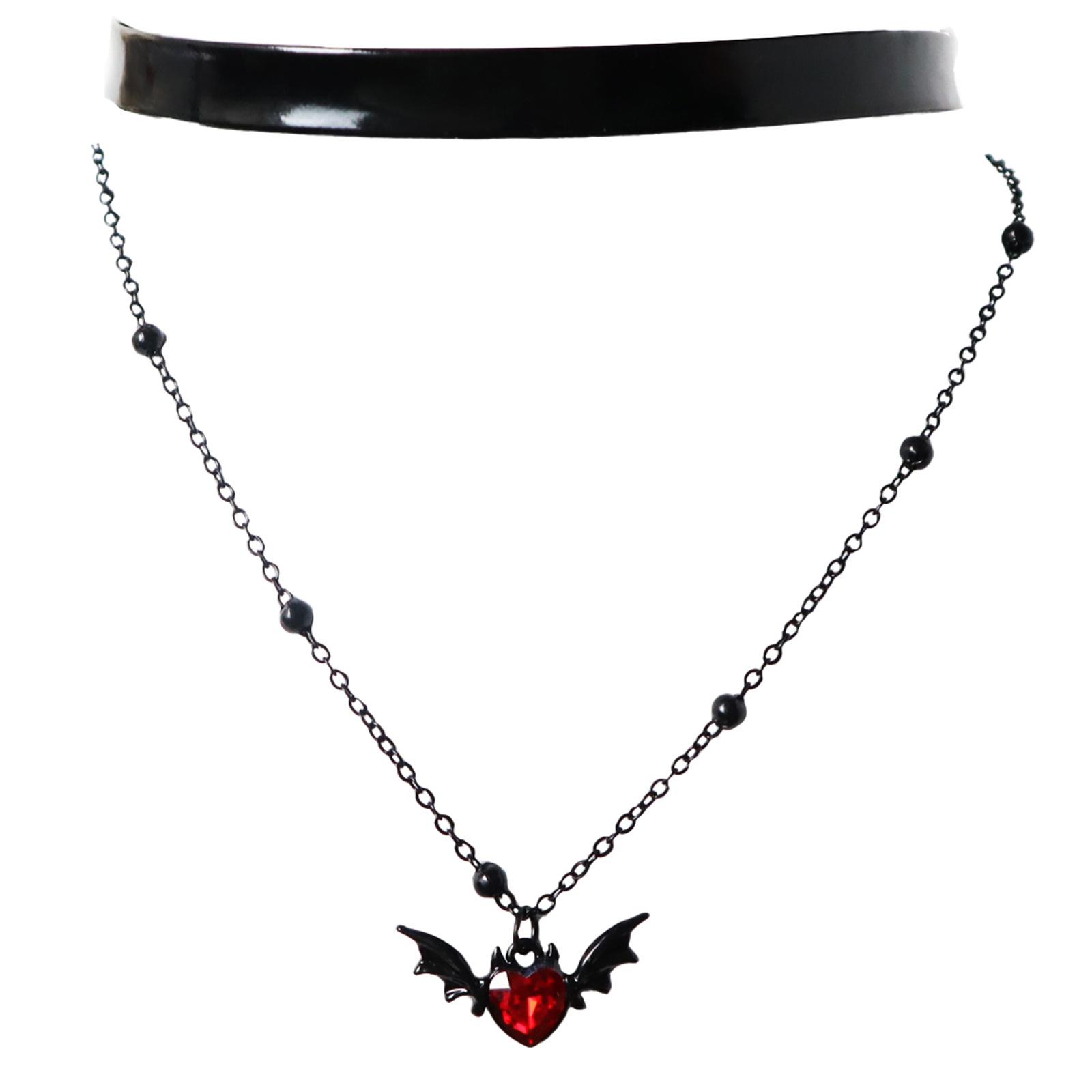 Halloween Little Devil Double Collarbone Chain Black Bat Beaded Glossy Leather Choker European American Cool Jewelry Gift For Women