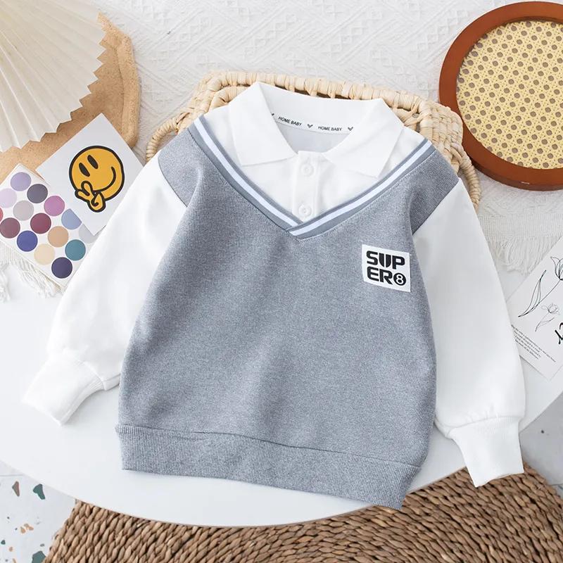 

Весняні та осінні светри для хлопчиків, дитячі сорочки ПОЛО, дитячі підробки з двох частин 130 сірий