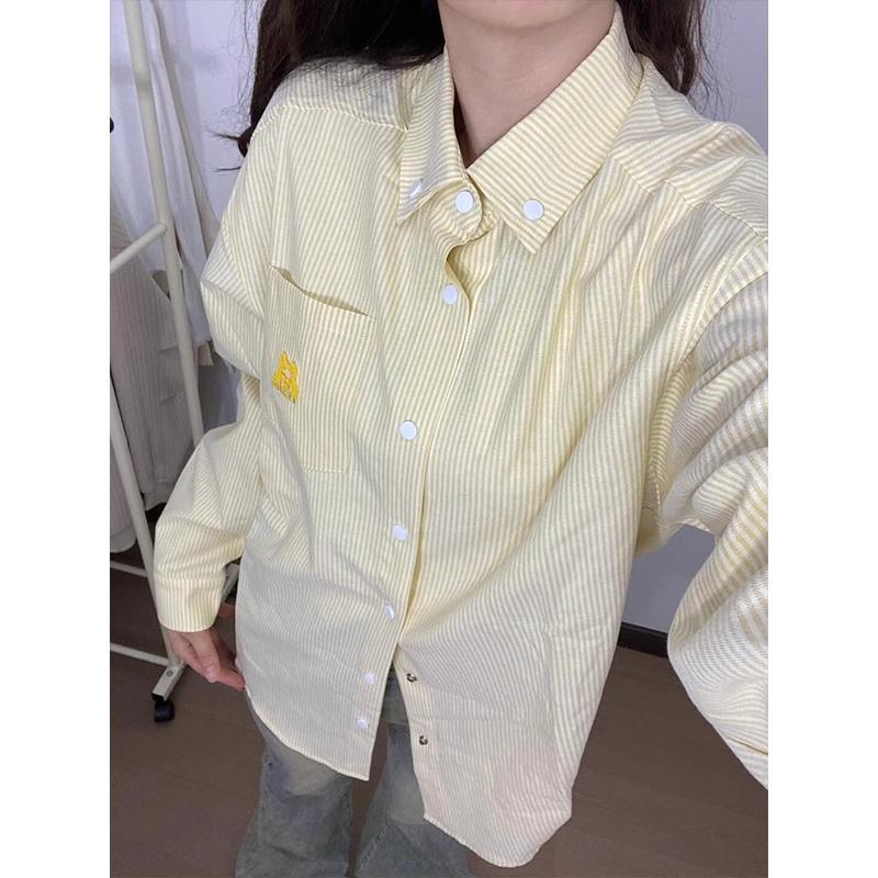 

Осень 2024 Гонконг Ретро Полосатая Желтая Вышитая Рубашка С Длинным Рукавом Свободного Кроя XXL