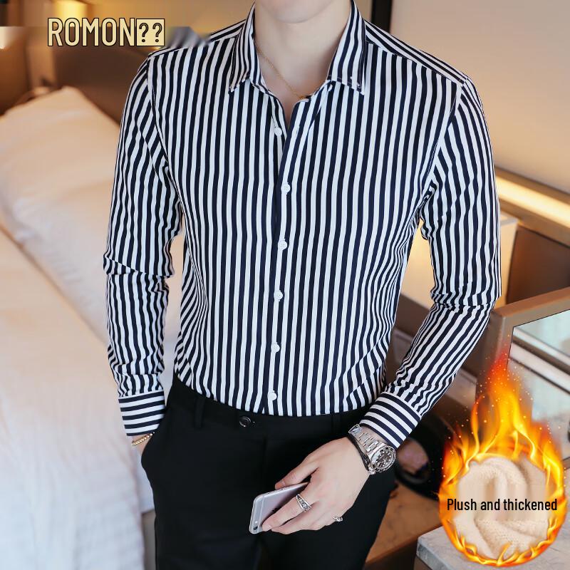 ROMON Men s Slim-Fit Plaid Fleece-Lined Button-Down Shirt 4XL