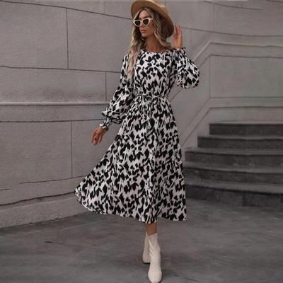 Women Casual Leopard Print Long Sleeve A-Line Dress Spring High Waist O-Neck Lace Up Ankle-Length Dresses