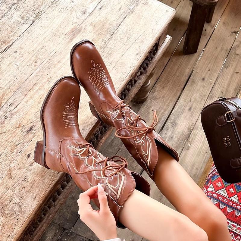 Cowhide Edition~ Cowhide Embroidery Western Cowboy Boots Women's 2025 Autumn and Winter Brown Cowboy Martin Boots Wasteland Knight Boots