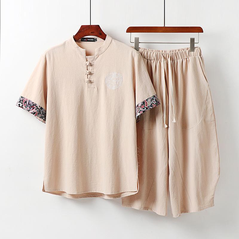 Short-sleeved Suit Men's Summer Thin Disc Button T-shirt Tide Chinese Style Men's Cotton and Linen Retro Stand-up Collar Two-piece Suit