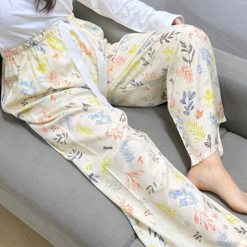 Damen-Blumen-Baumwoll-Seiden-Pyjama - Große Größen, Sommer, Leicht, Für draußen, Gerades Bein, Lockerer Schnitt