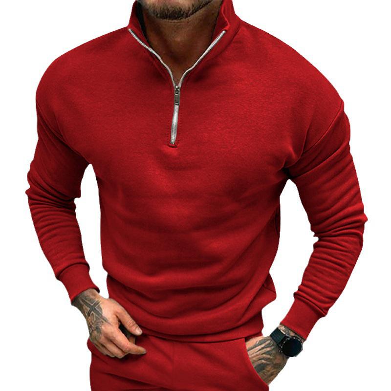Autumn Winter Men's Plush Velvet Solid Long Sleeve Half Zip Polo Stand Collar Top