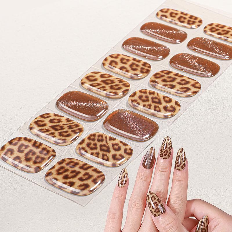 16tips Cartoon Cute Animal Semi Cured Gel Nail Strips Glitter Cat Eye Self-Adhesive Gel Nail Wraps Full Cover UV Nail Sticker
