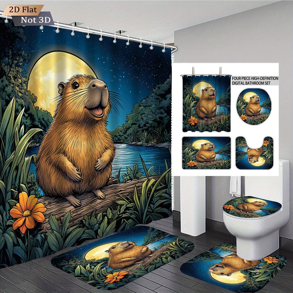 4pcs Capibala Printed Bathroom Set 180x180 Waterproof Shower Curtain With 12 Hook Type Floor Mats, Toilet Mats, U-Shaped Mats
