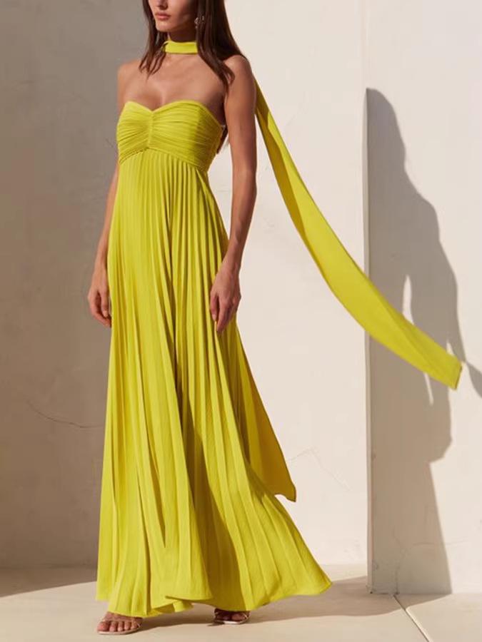 Women's Solid Color Pleated Bandeau Dress - Sleeveless, European & American Style, New Arrival