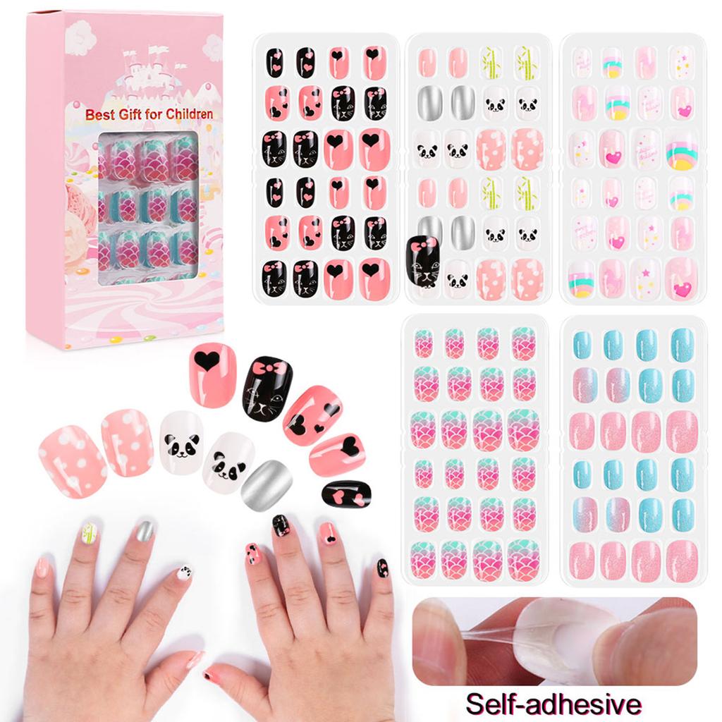 120Pcs Set Cute False Nails Full Cover Nail Tips for Children DIY Nail Art Kids Gift