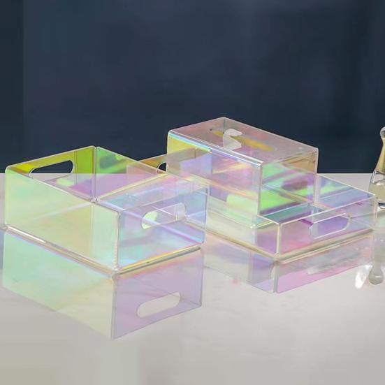 Iridescent Acrylic Storage Box with Hollow Handle Heavy Duty Multi-functional Large Capacity Desktop Makeup Tray Basket Organizer Tissue Holder