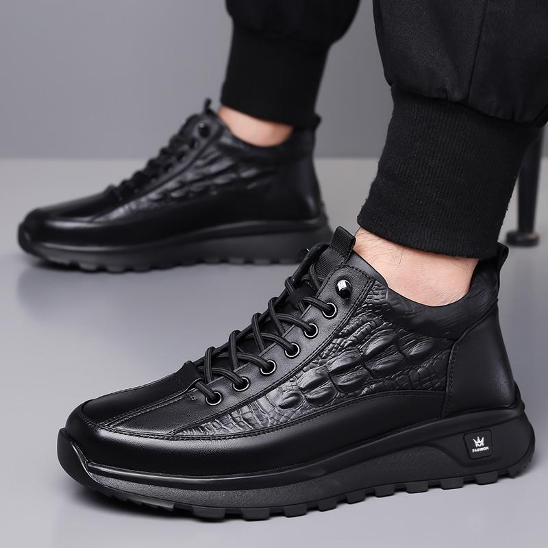 Fashionable Lace Up Warm Cotton Shoes with Fleece Winter Men's Genuine Leather Crocodile Pattern Northeast Cashmere Snow Boots