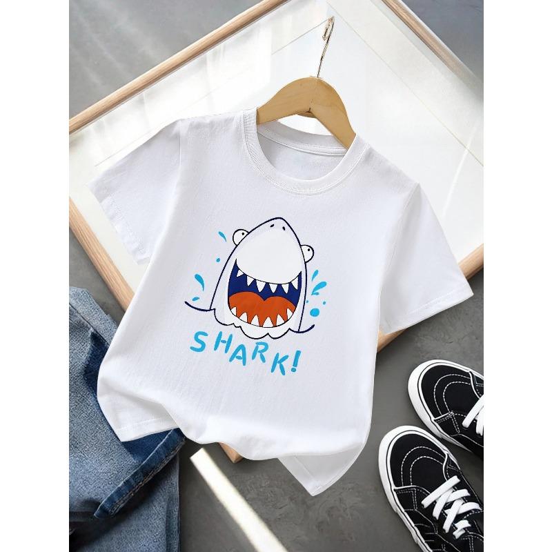 Boys 100% Cotton Crewneck Tee, Shark Mouth Graphic Regular Fit Summer Short Sleeve Top 110 белый