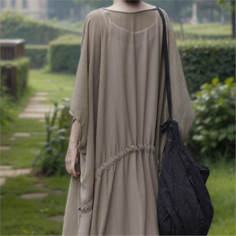 Johnature Women Vintage Soft Dress O-Neck Bat Sleeve Summer Solid Color Bandage Female Dress