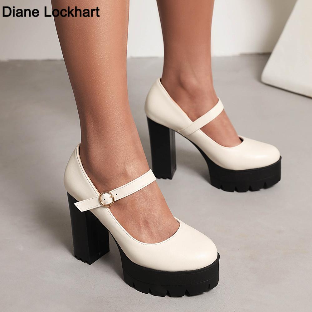 Fashion Spring Autumn Women Pumps Mary-Jane Platform Black Beige Chunky 10.5CM High Heels Ankle Strap Dress Party Hoof Heel Plus Size